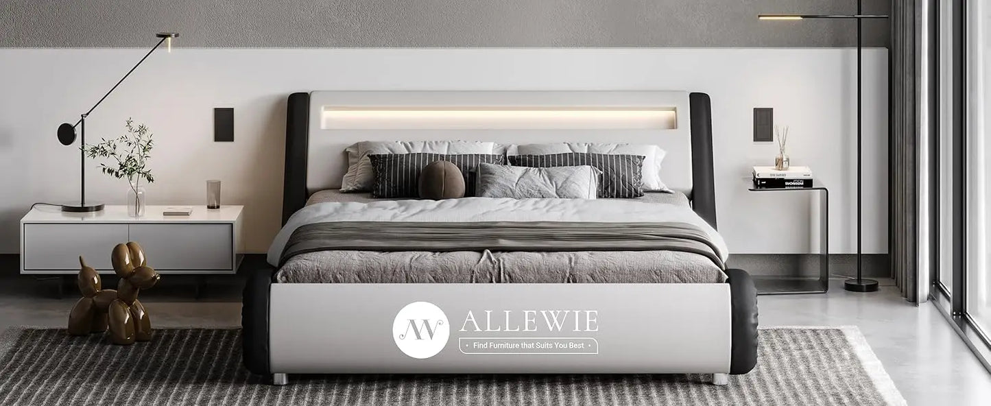 King Size LED Platform Bed Frame with Adjustable Headboard/No Box Spring Need/Easy Assembly/Faux Leather in White and Black