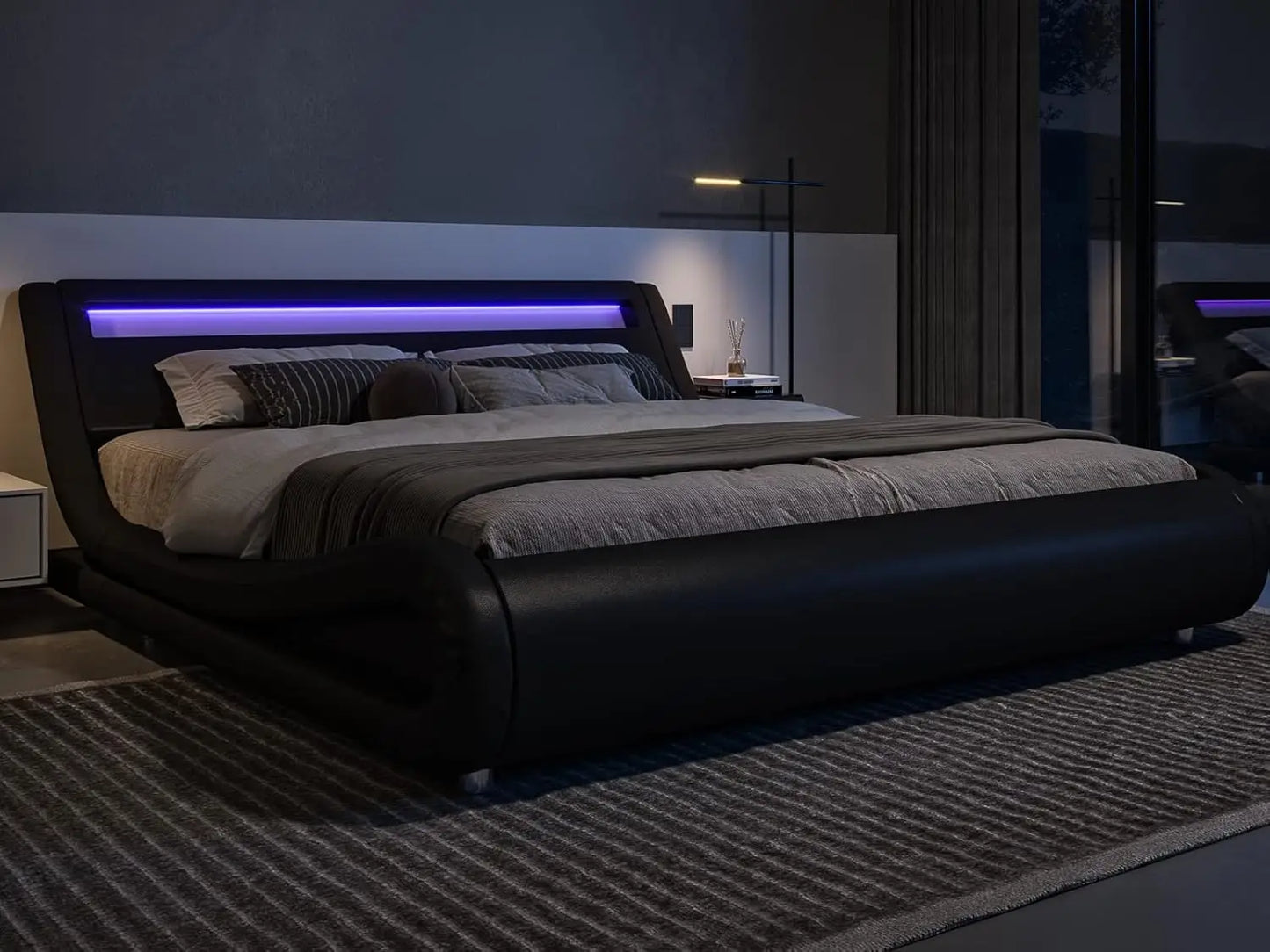 King Size LED Platform Bed Frame with Adjustable Headboard/No Box Spring Need/Easy Assembly/Faux Leather in White and Black
