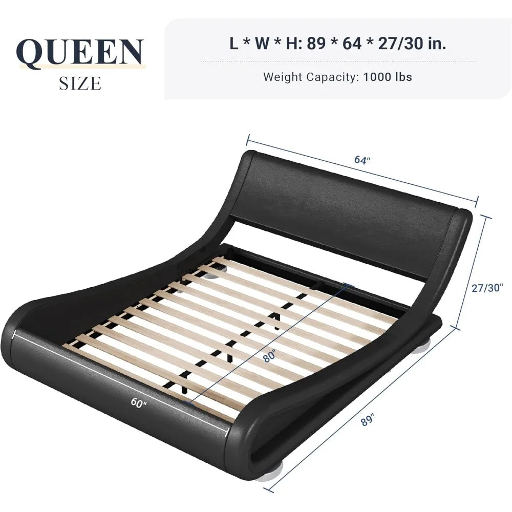 Queen Size Bed Frame with Ergonomic & Adjustable Headboard, Low Profile Modern Upholstered Platform Sleigh Design