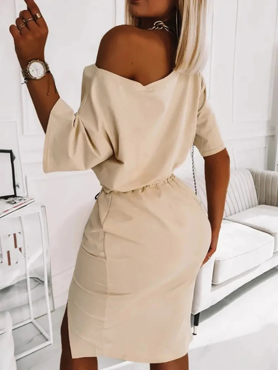 Two Piece Good Viber One Shoulder Letter Print Set Crop Top + High Split Skirt