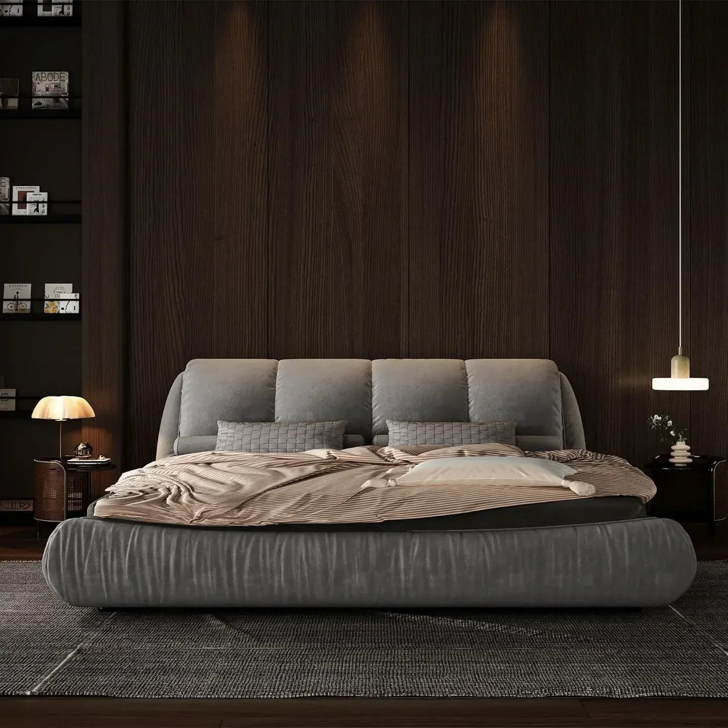 Luxury  Upholstered Platform Bed with Oversized Padded Backrest, Soft Frame Cloud Bed,Pinewooden Slats and Metal Leg