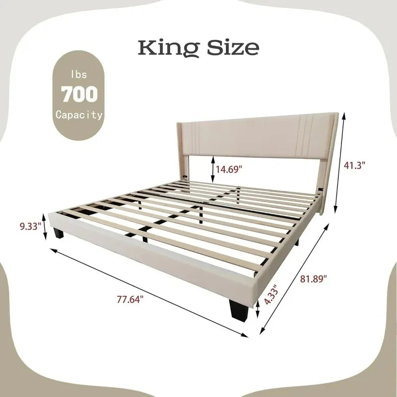 King Size Upholstered Platform Bed Frame with Headboard, Wooden Slats, Easy Assembly, No Box Spring Needed, Beige Velvet.