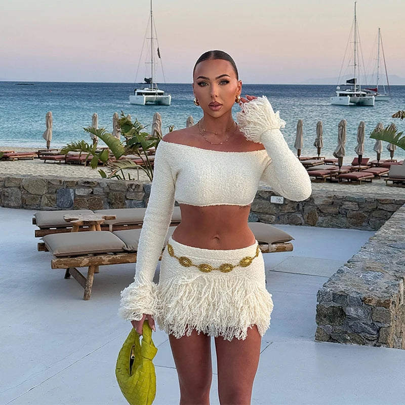 Elegant Tassel Knitted Skirt Set Women Off Shoulder Long Sleeve Crop Top Hip Package Mini Skirts Suit Summer Beach Lady Outfits