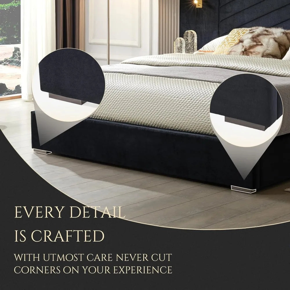 King Platform Bed Frame, Velvet Upholstered Headboard with 2 Built-in Wall Sconces & Nightstands, Sturdy Metal & Solid