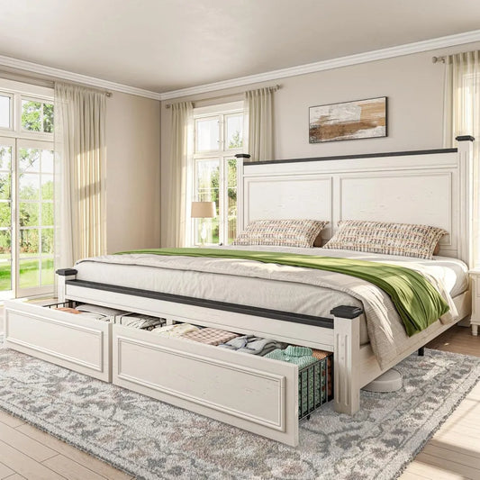 King Size Bed Frame with 51.2" Tall Headboard,2 Storage Drawers, Modern King Bed Frame for Bedroom,Apartment,NO Noise,No Box Spr