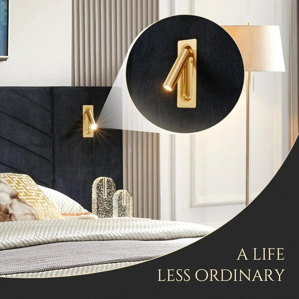 King Platform Bed Frame, Velvet Upholstered Headboard with 2 Built-in Wall Sconces & Nightstands, Sturdy Metal & Solid