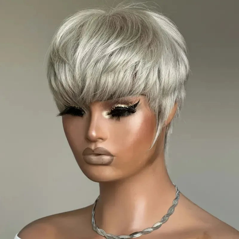 Grey Short Pixie Cut Wig Human Hair Short Layered Pixie Wig For Women 6 Inch