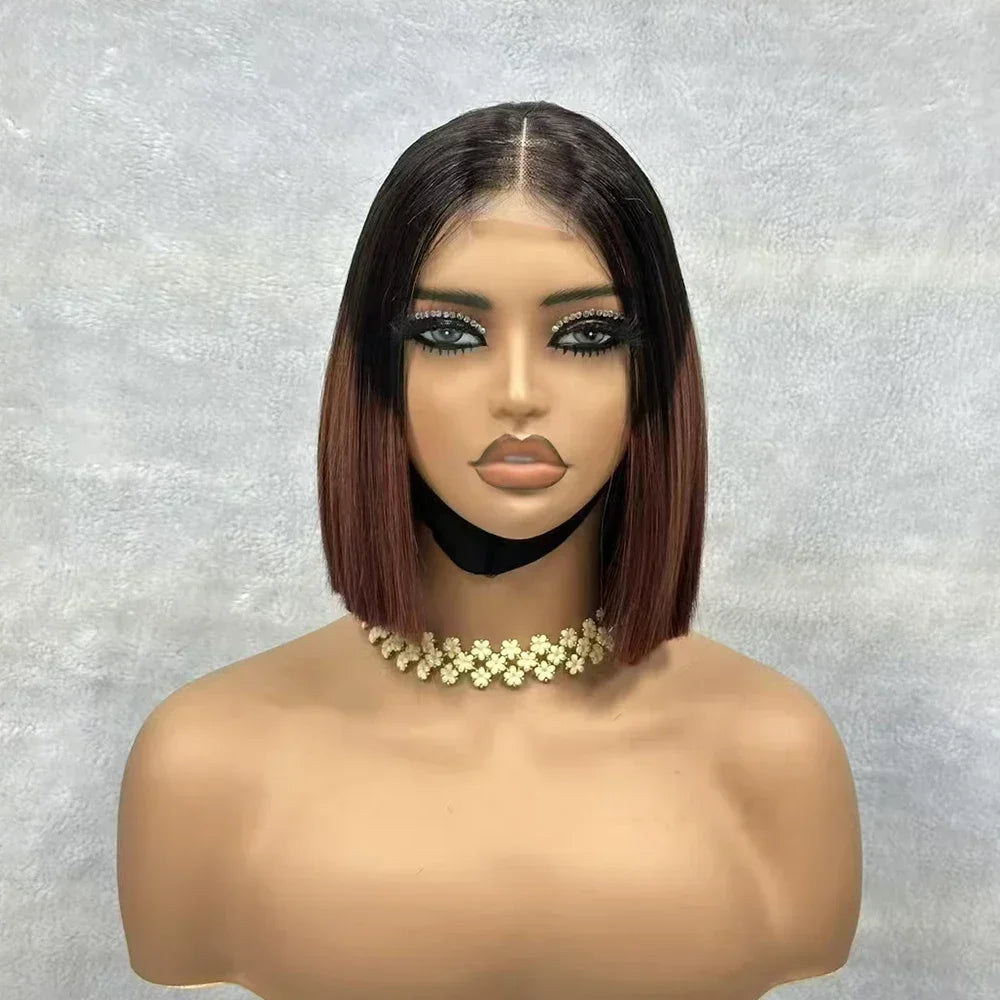 Wine Red Short Bob Human Hair Wig Virgin Brazilian Bone Straight Bob Hair Wig 2x6 Lace Closure Wigs