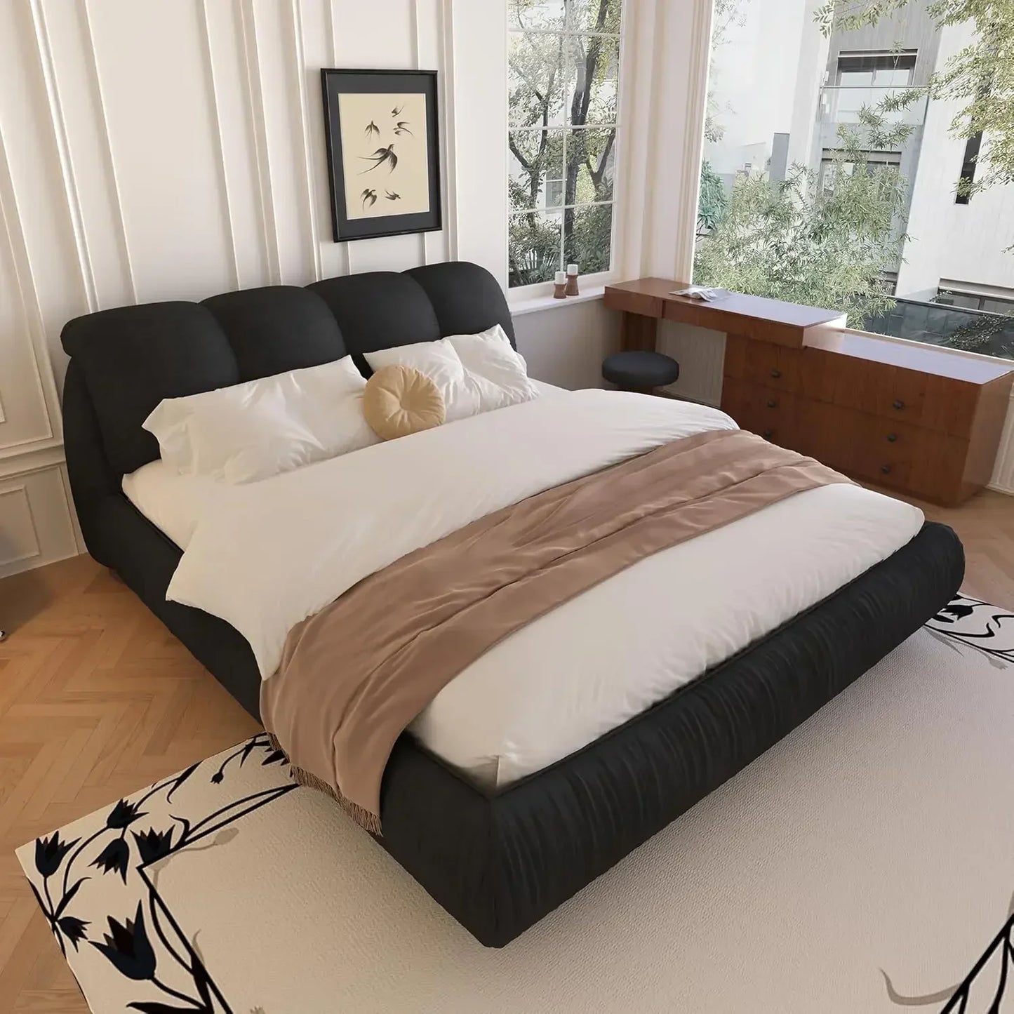Luxury  Upholstered Platform Bed with Oversized Padded Backrest, Soft Frame Cloud Bed,Pinewooden Slats and Metal Leg