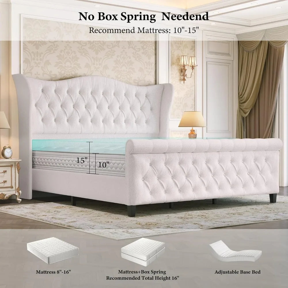 King Size Chenille Upholstered Bed Frame, Sleigh Platform Bed Frames with 51" Tall Wingback Headboard & 27" Scroll Footboard