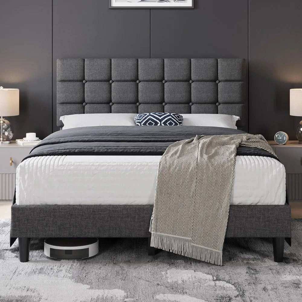 Soft Padded Bed Frame, Modern King Size Bed Platform, with Square Stitching and Button Tufted Headboard, Adjustable Height