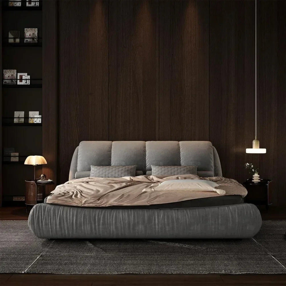 Luxury  Upholstered Platform Bed with Oversized Padded Backrest, Soft Frame Cloud Bed,Pinewooden Slats and Metal Leg