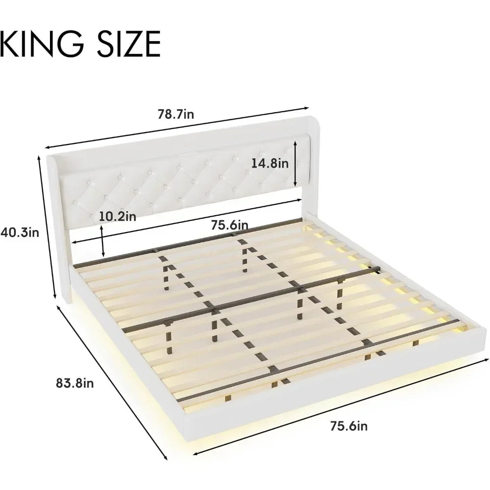 King Bed Frame, Floating with LED Lights, Upholstered Bed with Charging Station, No Box Spring Needed, Bed Frame