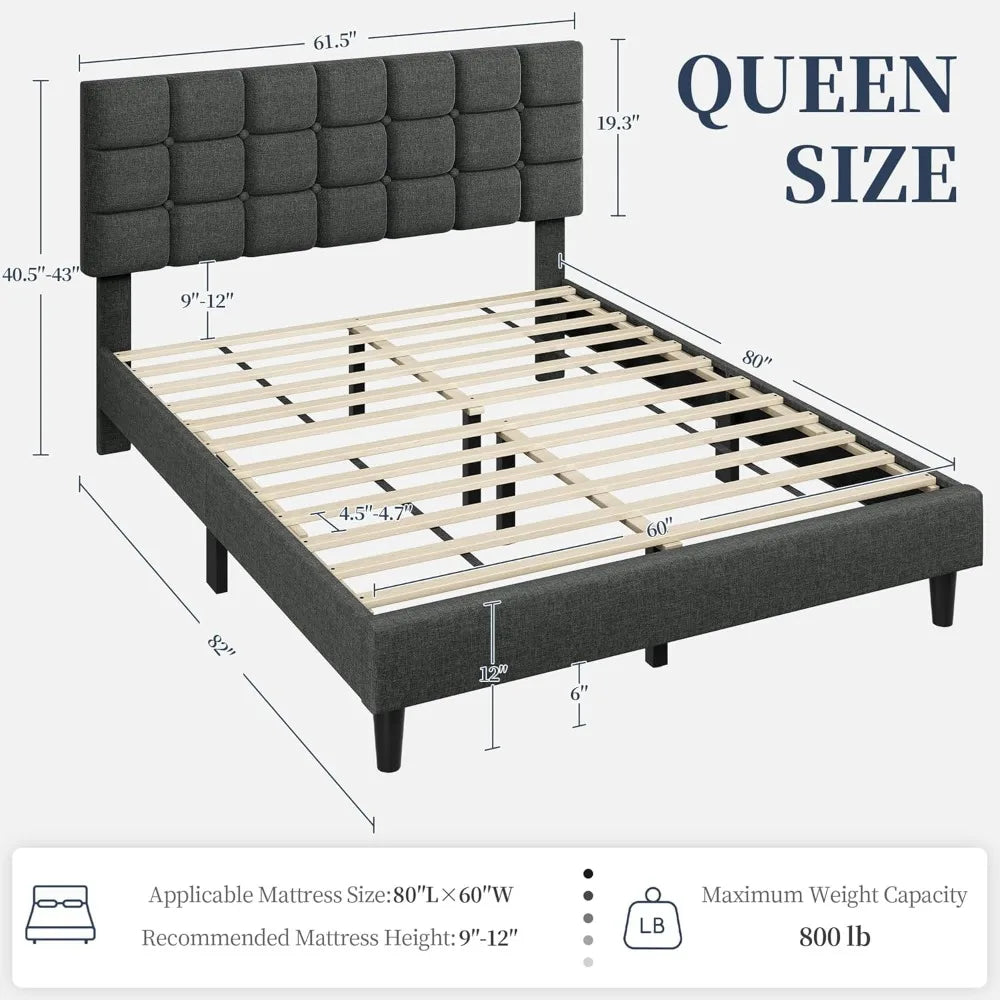 Soft Padded Bed Frame, Modern King Size Bed Platform, with Square Stitching and Button Tufted Headboard, Adjustable Height