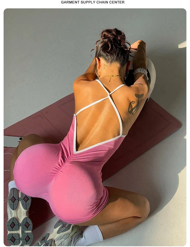 Summer Seamless Yoga Jumpsuit Women Gym Set Spaghetti Strap Leisure Workout Gym Shorts Padded Bra One-piece Fitness Bodysuits