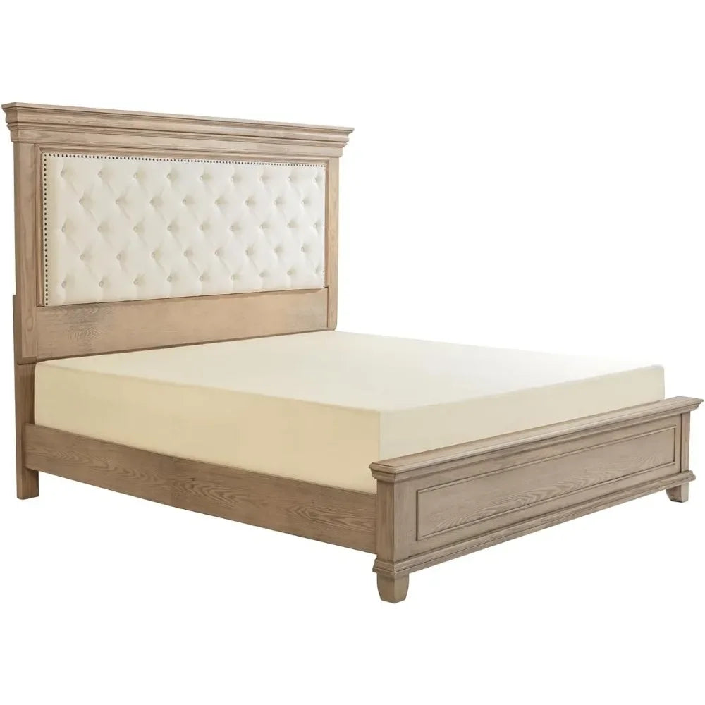King Size Bed Frame with Upholstered Headboard, Solid Wood Mid-Century Platform Bed, Architectural Design, No Box Spring Needed