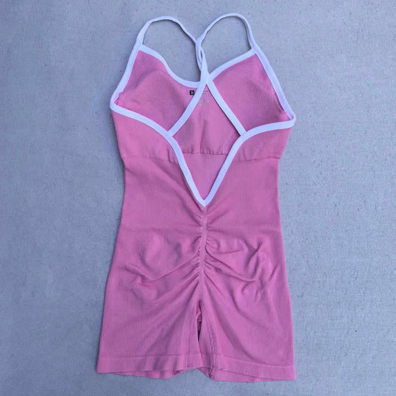 Summer Seamless Yoga Jumpsuit Women Gym Set Spaghetti Strap Leisure Workout Gym Shorts Padded Bra One-piece Fitness Bodysuits