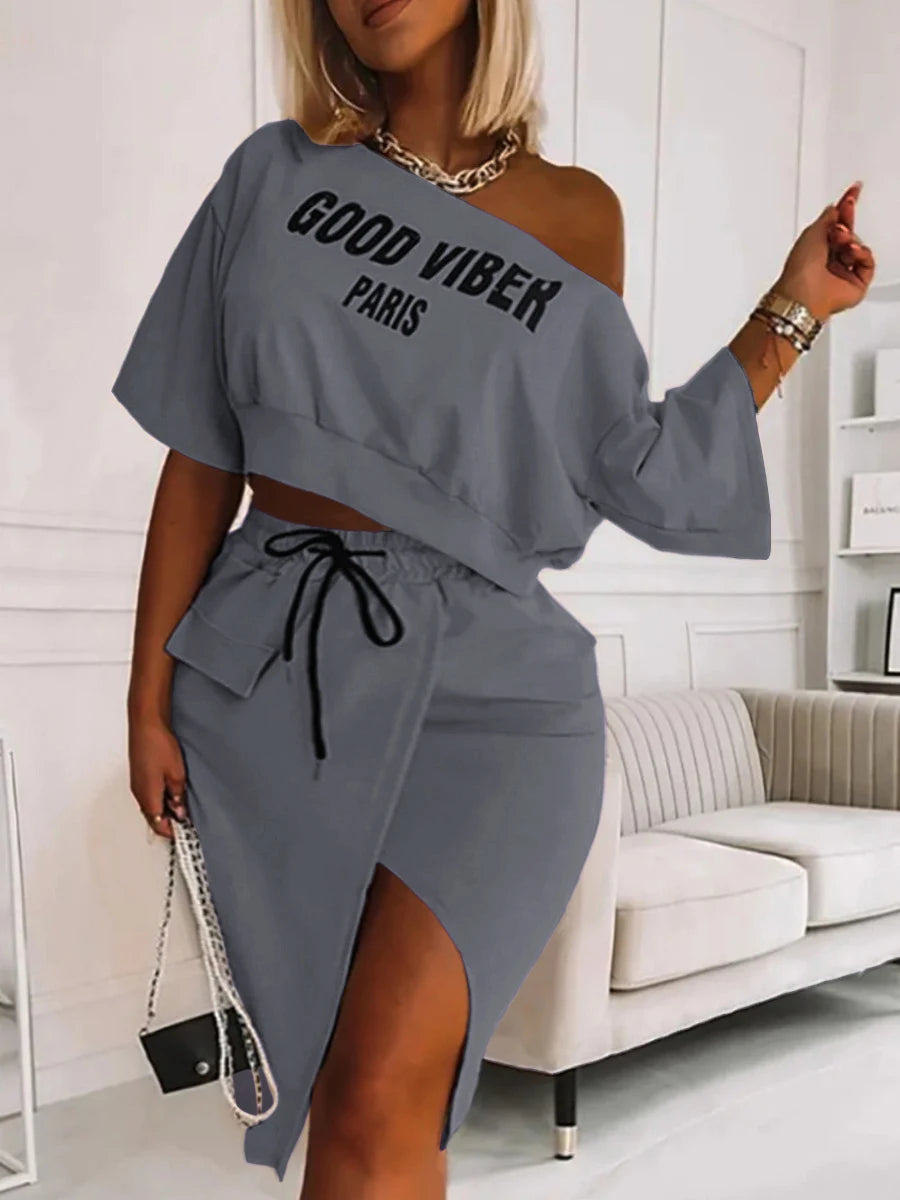 Two Piece Good Viber One Shoulder Letter Print Set Crop Top + High Split Skirt