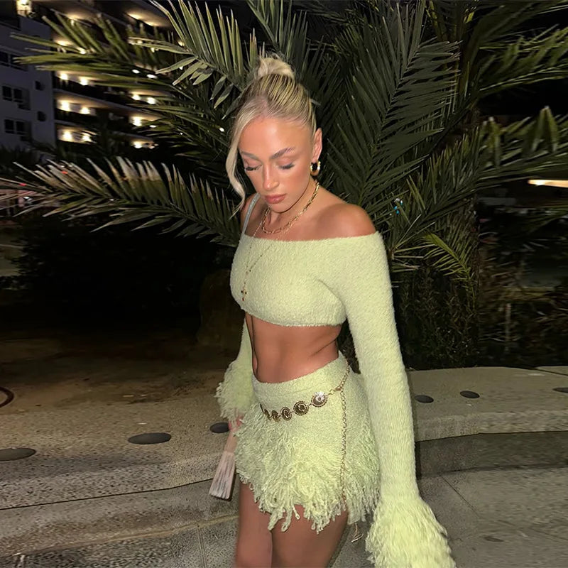 Elegant Tassel Knitted Skirt Set Women Off Shoulder Long Sleeve Crop Top Hip Package Mini Skirts Suit Summer Beach Lady Outfits