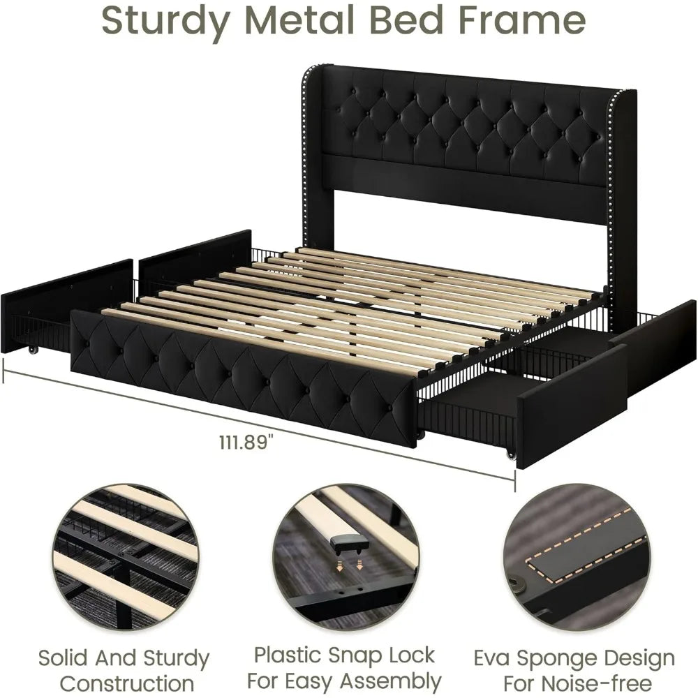 Bedroom Bed, King Size Bed Frame with 4 Storage Drawers and Tufted Headboard Velvet Upholstered Platform Bed Frame Wingback