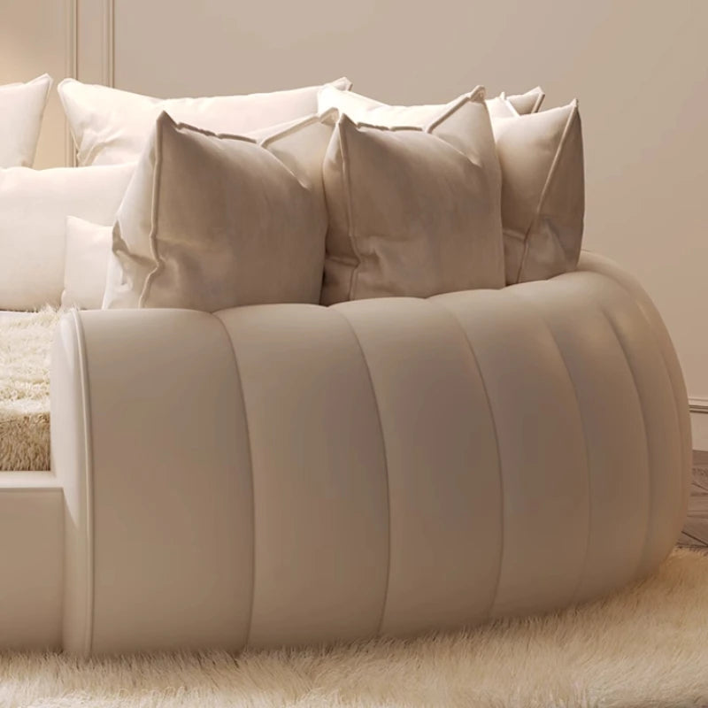 Minimalist Genuine Leather Bed Round Modern King Size American Style Fashionable Bed Light Luxury Wedding Full Lit Furniture