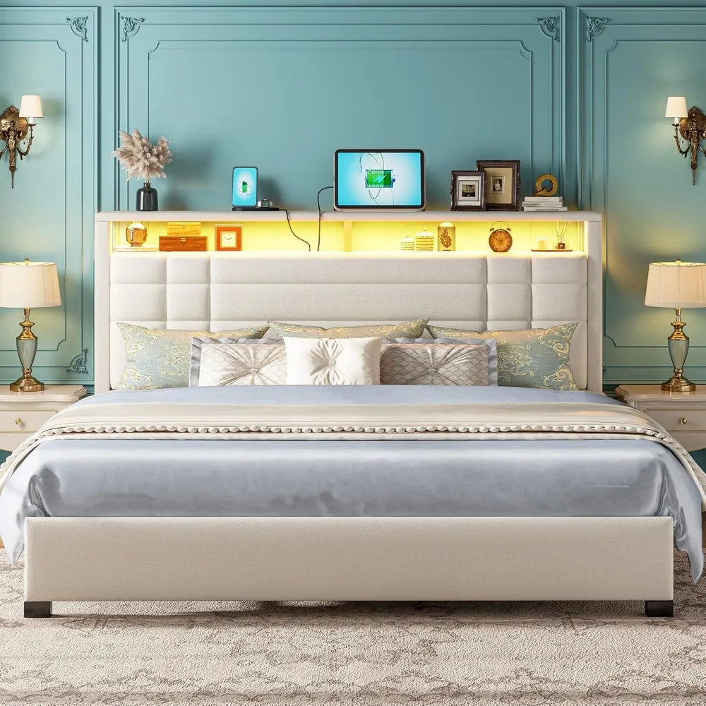 King Size Bed Frame with Charging Station and LED Lights, King Bed Frame with 2-Tier Storage Headboard, Metal Slats