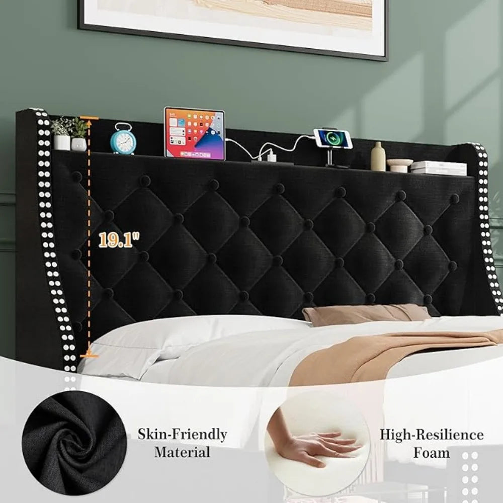 Large Bed Frame with 4 Storage Drawers and Storage Headboard Equipped with Charging Station Diamond Sewn Button Tufted Design