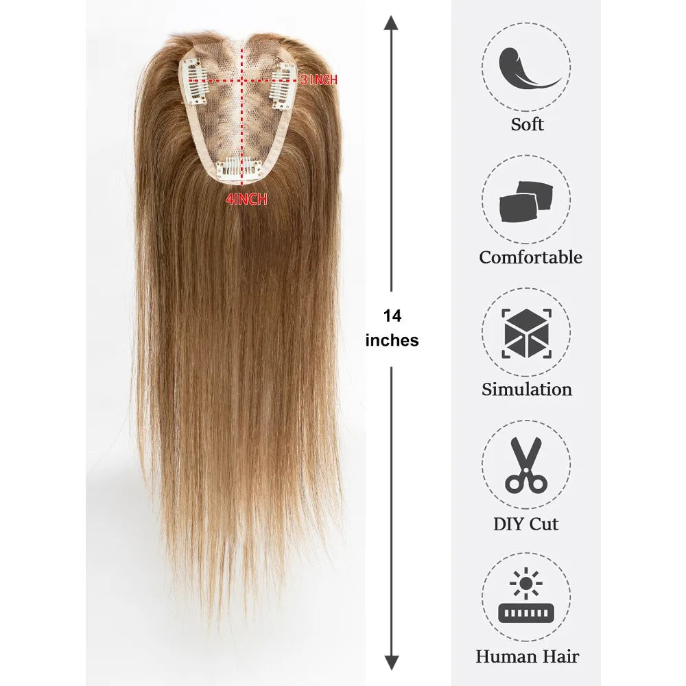 100% Human Hair Toppers Lace Base Clips In Hair with Bangs Straight 100% Remy Human Hair