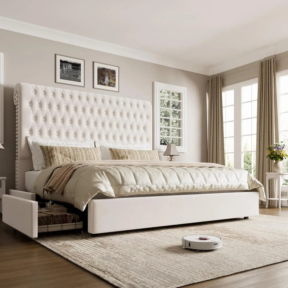 King Size Bed Frame 54" Tall Headboard with Gorgeous Button Tufted and Nail, Velvet Fabric Upholstered Bed Frame includes 4 Unde