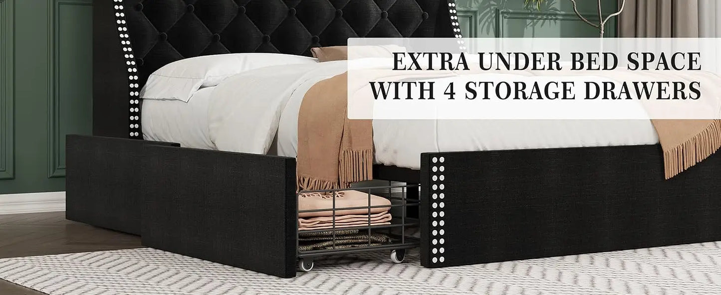 Large Bed Frame with 4 Storage Drawers and Storage Headboard Equipped with Charging Station Diamond Sewn Button Tufted Design