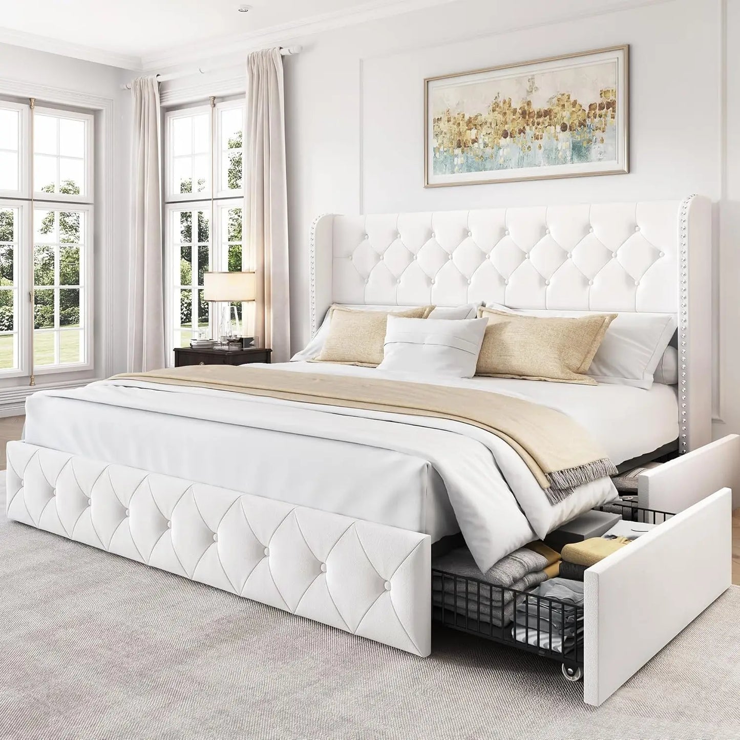 Bedroom Bed, King Size Bed Frame with 4 Storage Drawers and Tufted Headboard Velvet Upholstered Platform Bed Frame Wingback