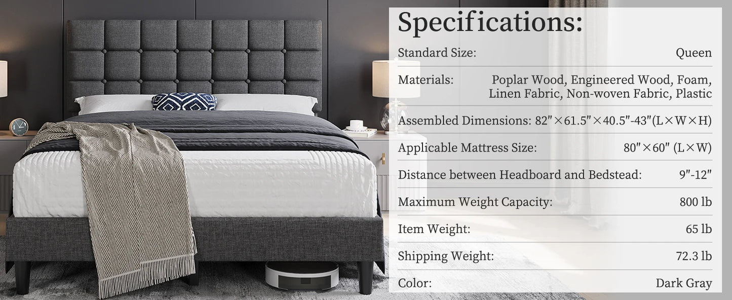 Soft Padded Bed Frame, Modern King Size Bed Platform, with Square Stitching and Button Tufted Headboard, Adjustable Height