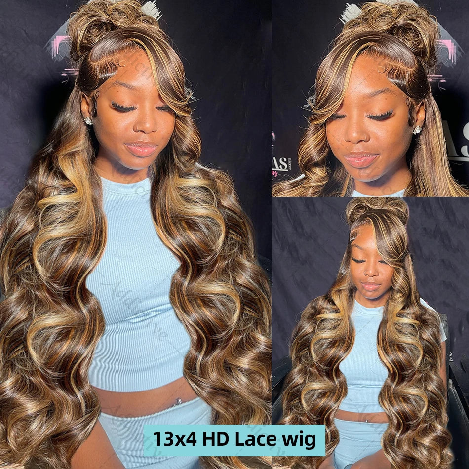 30 40 Inch 4/27 Highlight Body Wave 13x4 Human Hair Lace Frontal Wigs 250 Density Colored Ombre 13x6 HD Lace Front Wig For Women