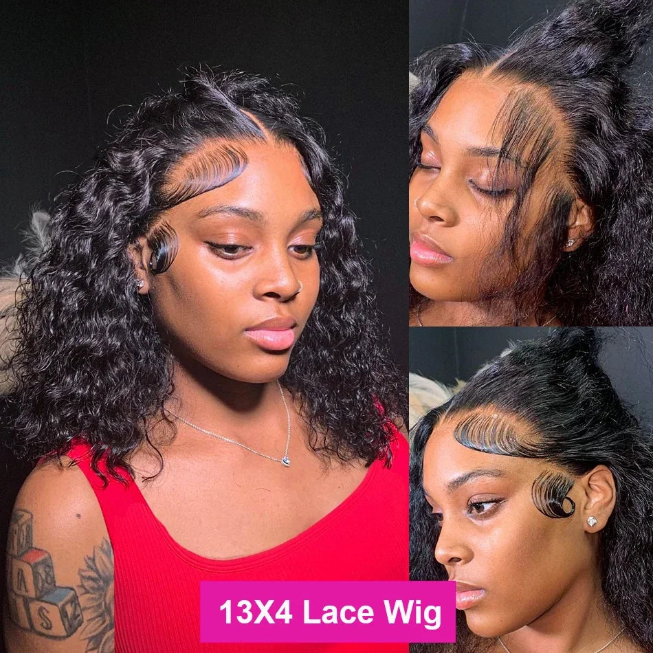200 Density 13x6 Short Bob  Deep Wave wigs Curly 100% Human Hair 13x4 HD Transparent Lace Front Wig 14 16 Inches