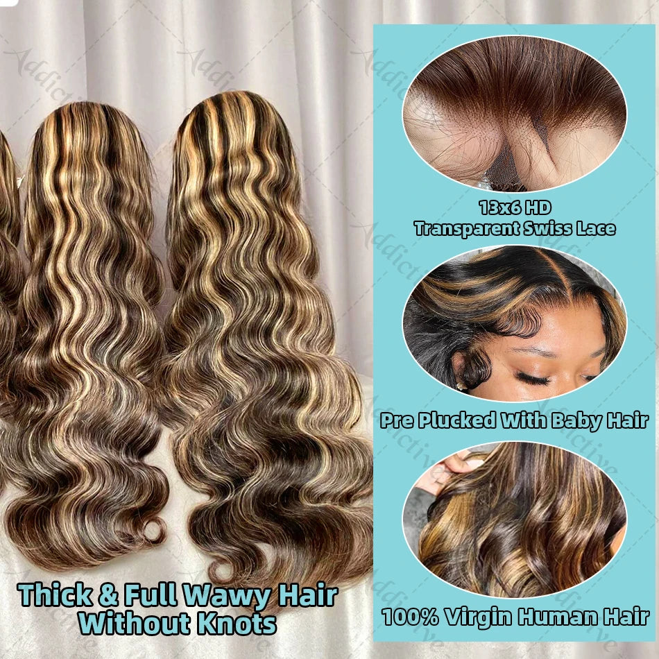 30 40 Inch 4/27 Highlight Body Wave 13x4 Human Hair Lace Frontal Wigs 250 Density Colored Ombre 13x6 HD Lace Front Wig For Women