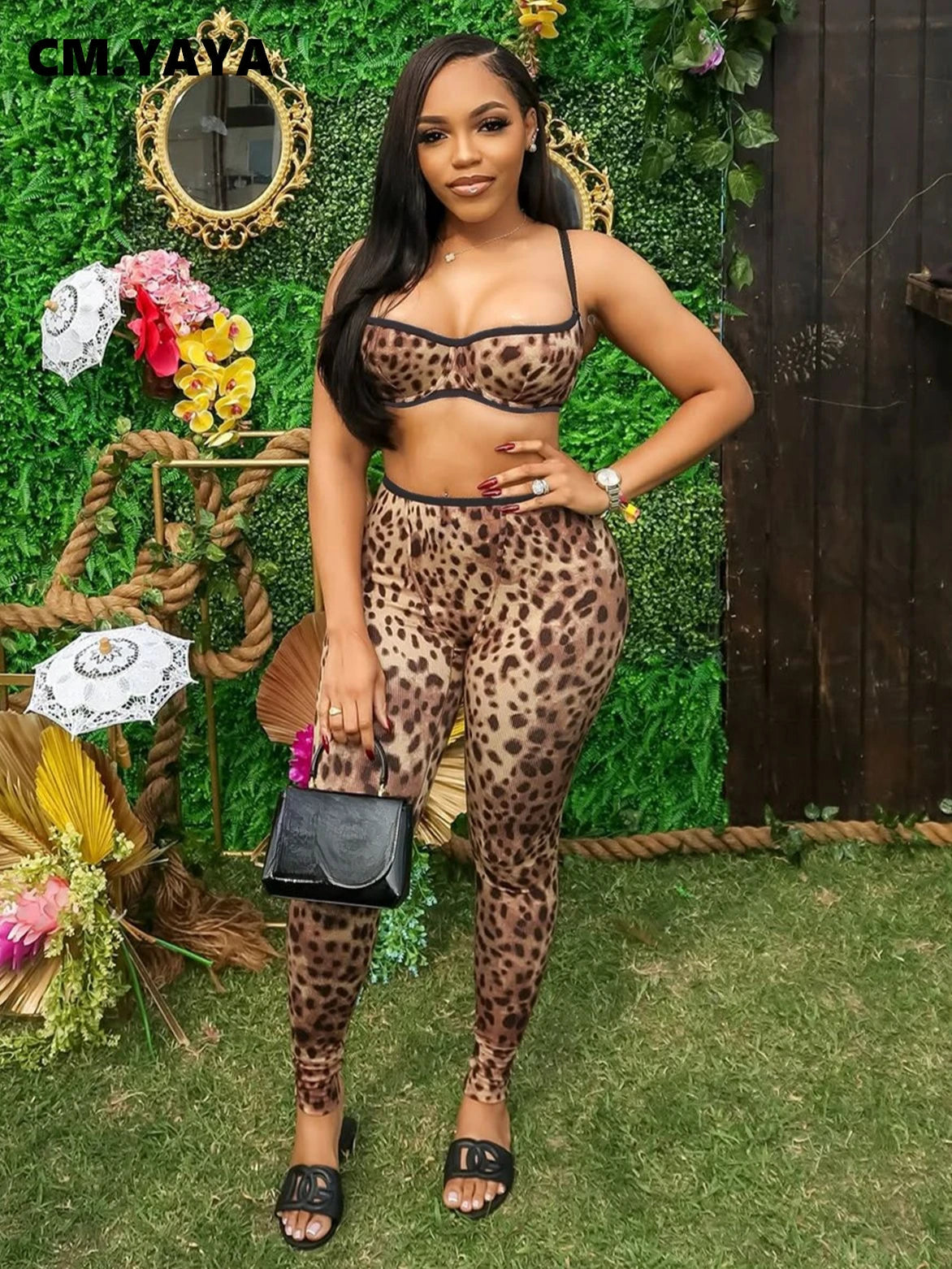 Leopard Printed Women's Set Strap Sleeve Crop Top and Legging Pants