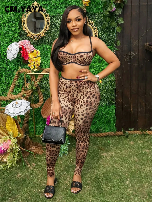 Leopard Printed Women's Set Strap Sleeve Crop Top and Legging Pants