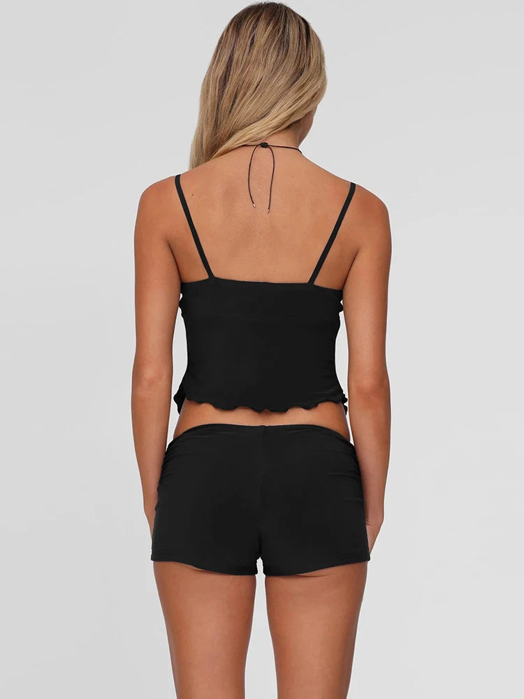 2 Piece Set Simple Irregular Rushed Low Neck Backless Camisoles+ Solid Slim Shorts