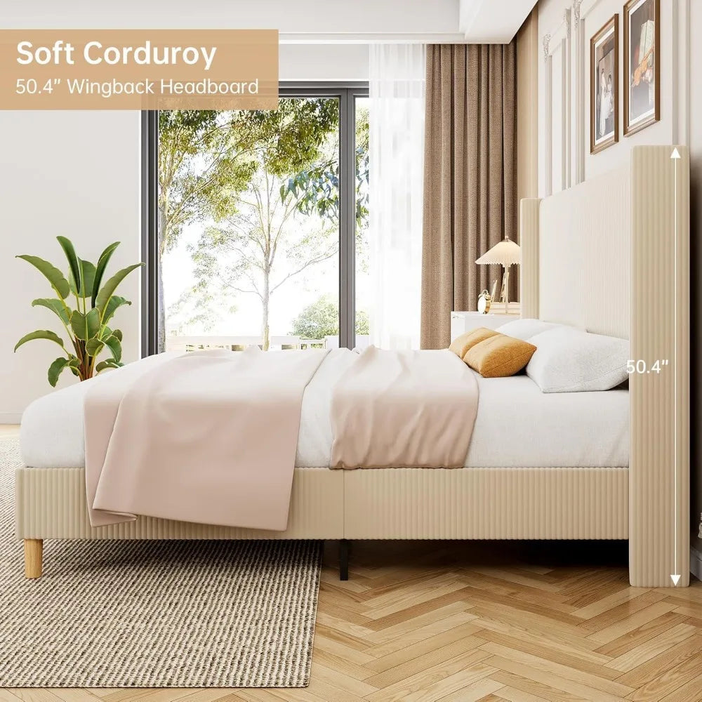 King Size Bed Frame, Upholstered Platform Corduroy Bed Frame with Vertical Channel Tufted Wingback Headboard, Strong Wooden Slat