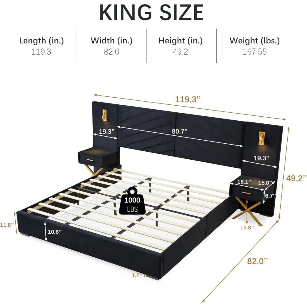 King Platform Bed Frame, Velvet Upholstered Headboard with 2 Built-in Wall Sconces & Nightstands, Sturdy Metal & Solid
