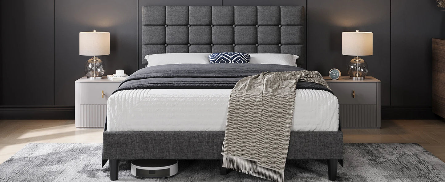 Soft Padded Bed Frame, Modern King Size Bed Platform, with Square Stitching and Button Tufted Headboard, Adjustable Height