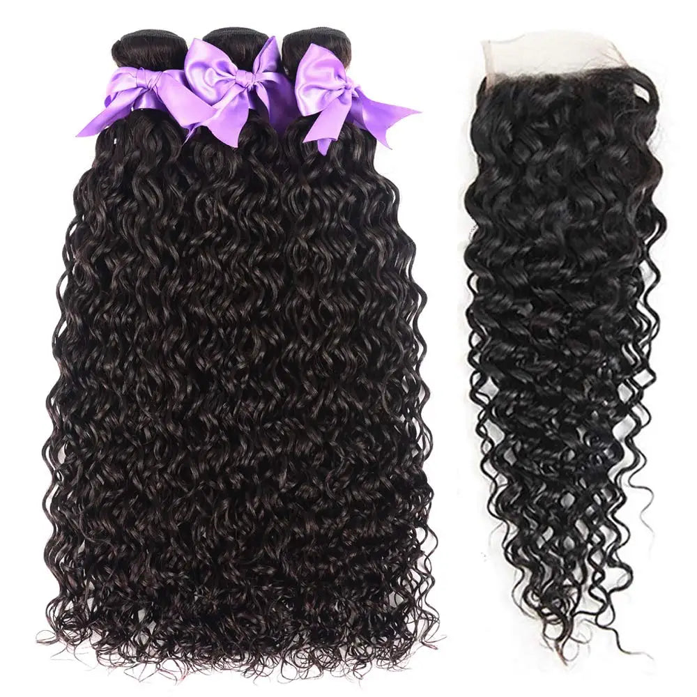 12A Water Wave Bundles With Frontal Wet and Wavy Virgin Curly Loose Deep Wave 100% Human Hair Bundles With Closure Peruvian Hair
