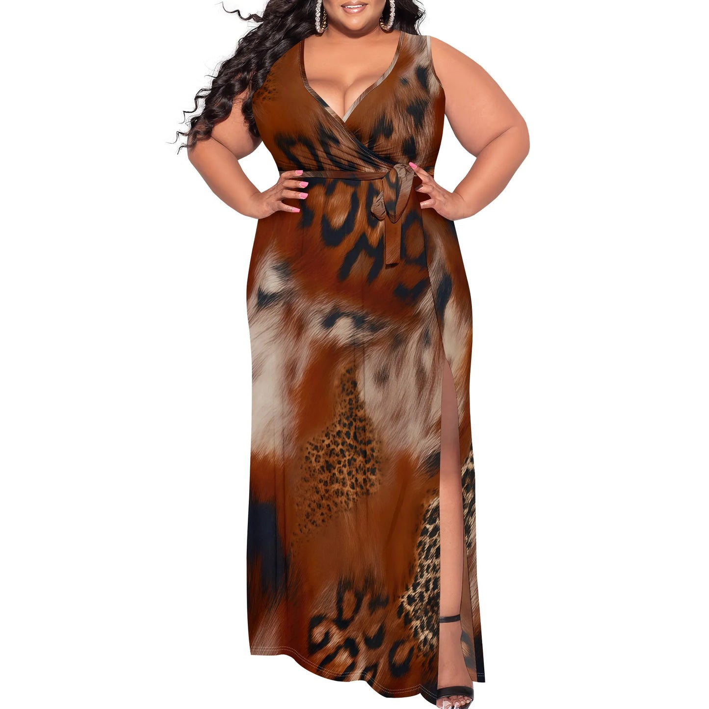 Leopard Print Maxi Dress Sleeveless Style for Evening Party