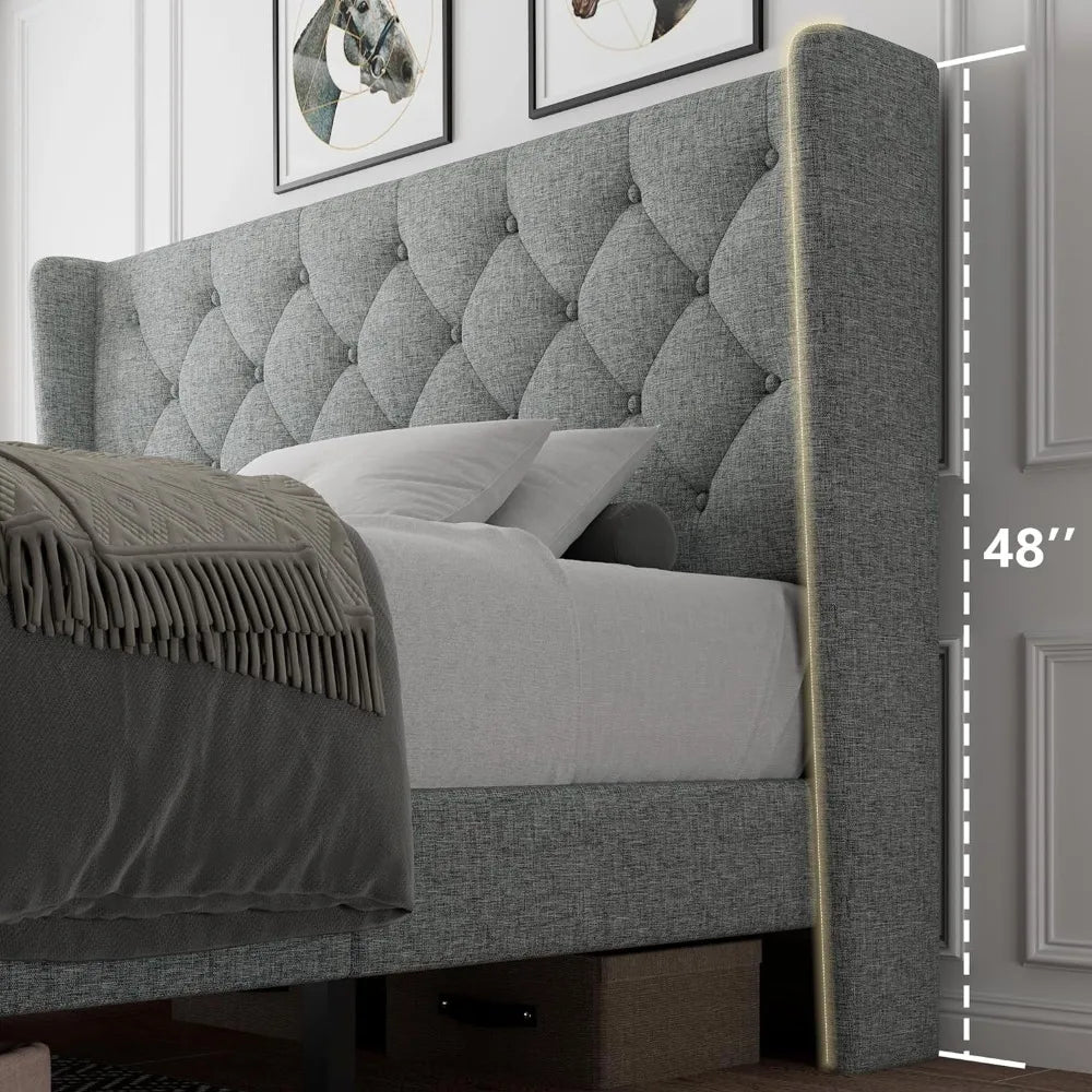 Full Size Bed Frame with Diamond Button Tufted Wingback Headboard, Upholstered Platform Bed Frame with Strong Wood Slat Support