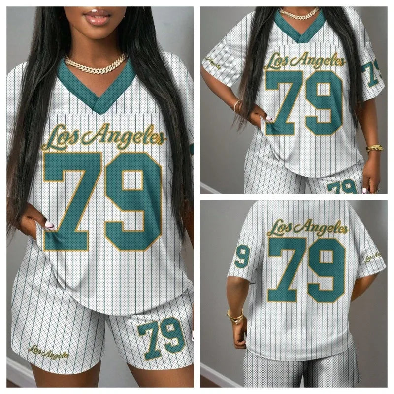 Women's Classic Los Angeles 79 Printed V-neck Short-sleeved T-shirt and Shorts