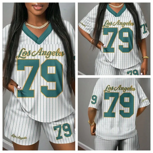 Women's Classic Los Angeles 79 Printed V-neck Short-sleeved T-shirt and Shorts