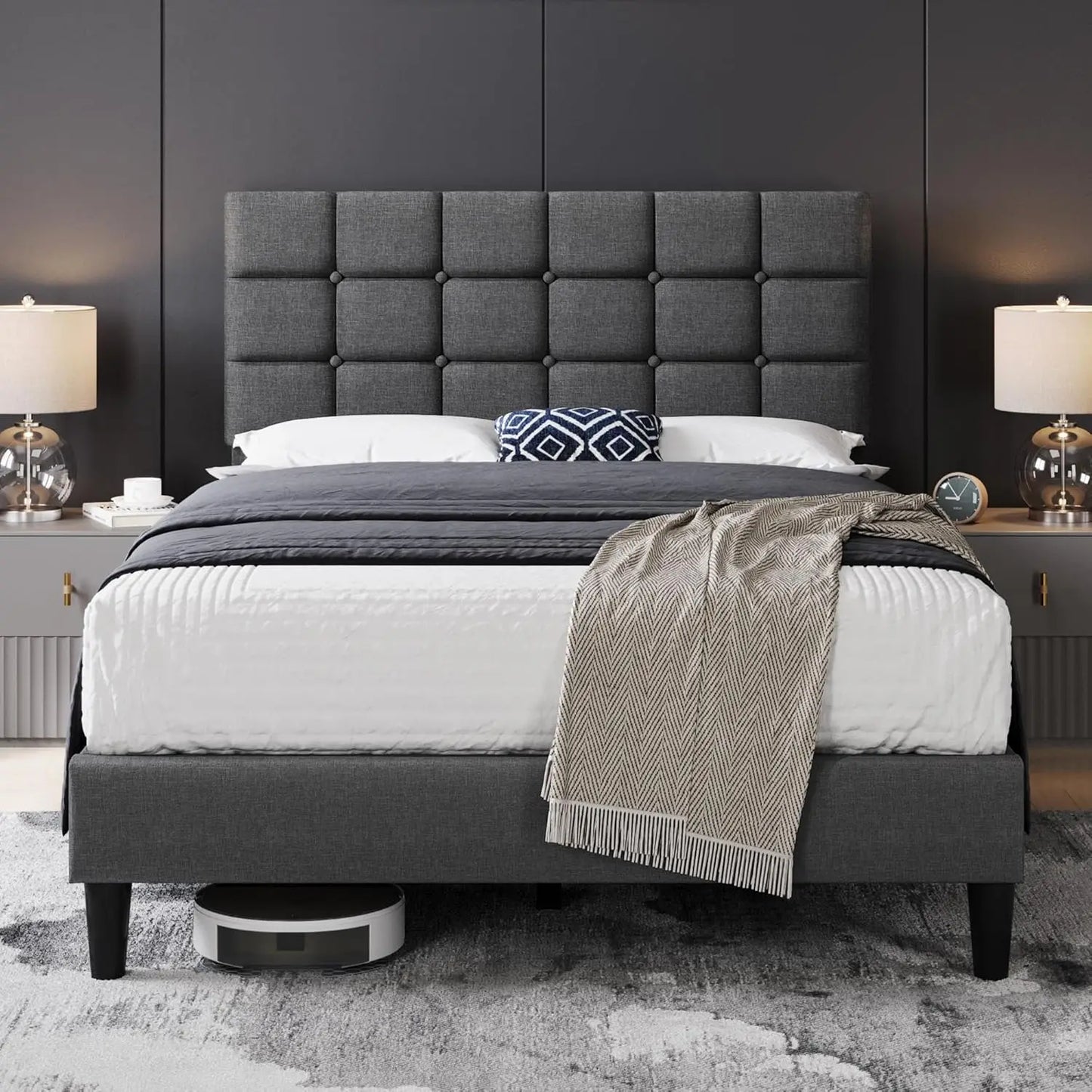 Soft Padded Bed Frame, Modern King Size Bed Platform, with Square Stitching and Button Tufted Headboard, Adjustable Height