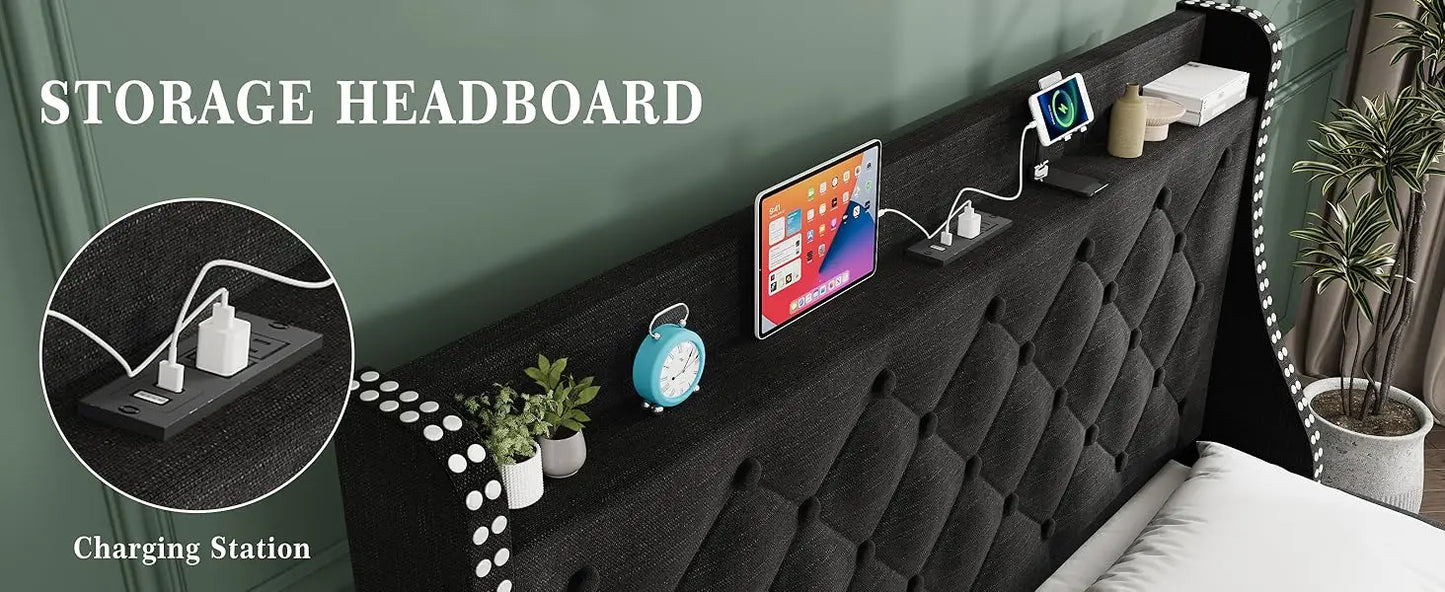 Large Bed Frame with 4 Storage Drawers and Storage Headboard Equipped with Charging Station Diamond Sewn Button Tufted Design
