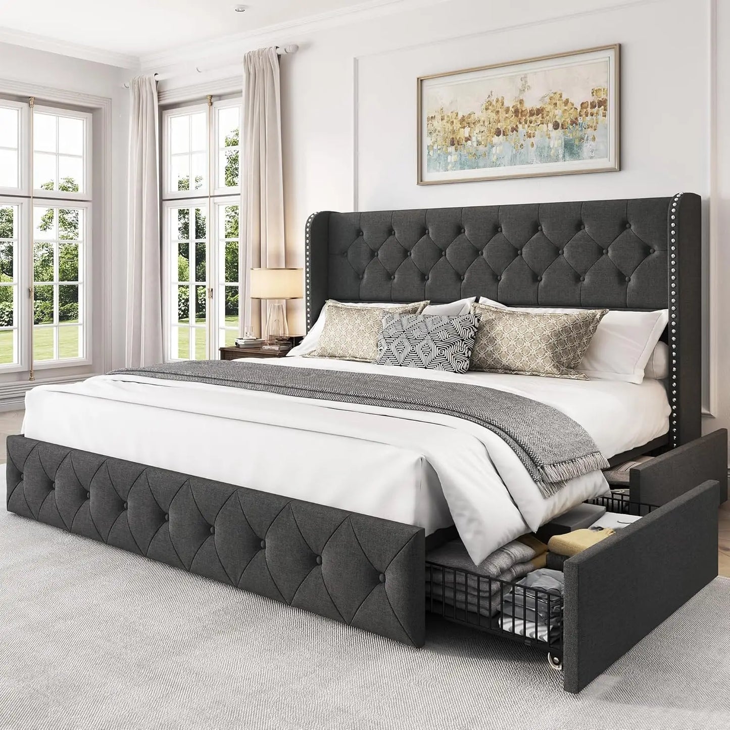 Bedroom Bed, King Size Bed Frame with 4 Storage Drawers and Tufted Headboard Velvet Upholstered Platform Bed Frame Wingback