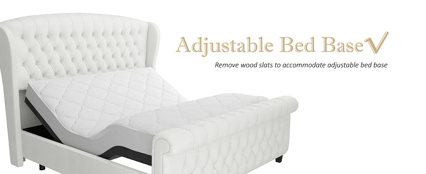 AMERLIFE Queen Size Platform Bed Frame, Chenille Upholstered Sleigh Bed with Wingback Headboard, No Box Spring, Cream